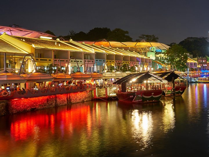 Clarke quay and bumboats at night